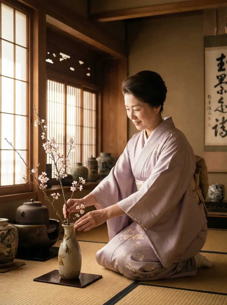 一位优雅的 半岛体育(BOB)平台 在和室中插花